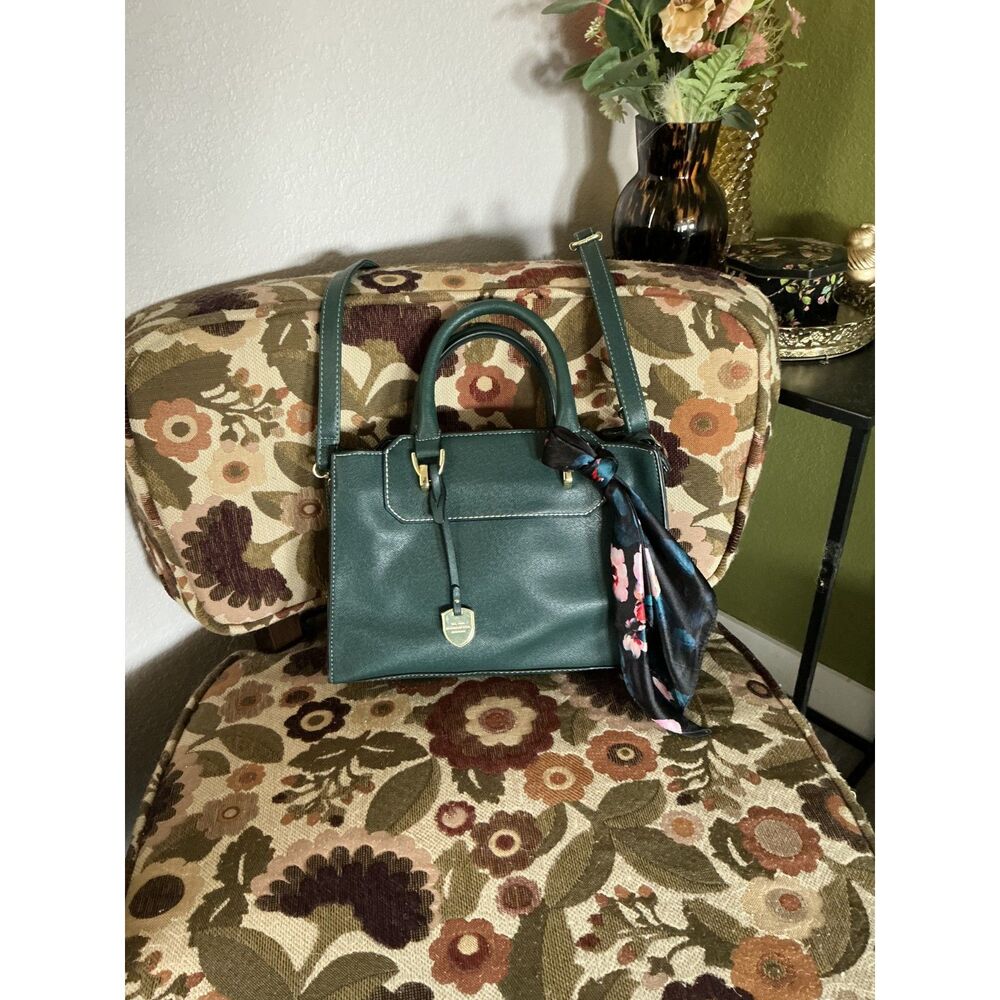 London Fog Satchel Bag Dark Green Gold Hardware Crossbody Structured Handbag